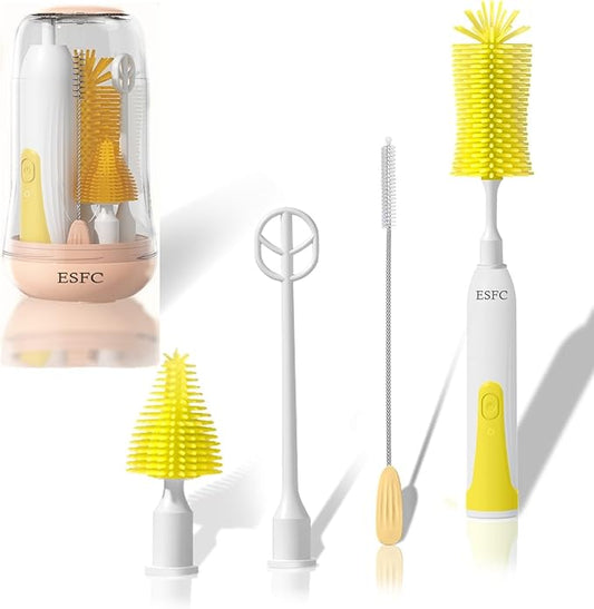 Portable Electric Baby Bottle Brush Set with Electric Bottle Brush,Nipple/Straw Brush,Milk Frother and Drying Base,Waterproof IPX7,Rechargeable Travel Bottle Cleaning Kit,Yellow
