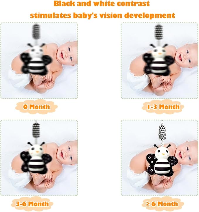 KAKIBLIN Baby Hanging Toy,3 Pack Black and White Baby Toys for 3 6 9 12 Months, High Contrast Hanging Toys,Plush Soft Stroller Rattles Toy for Boys and Girls(21CM, Ladybug,Bee & Owl)