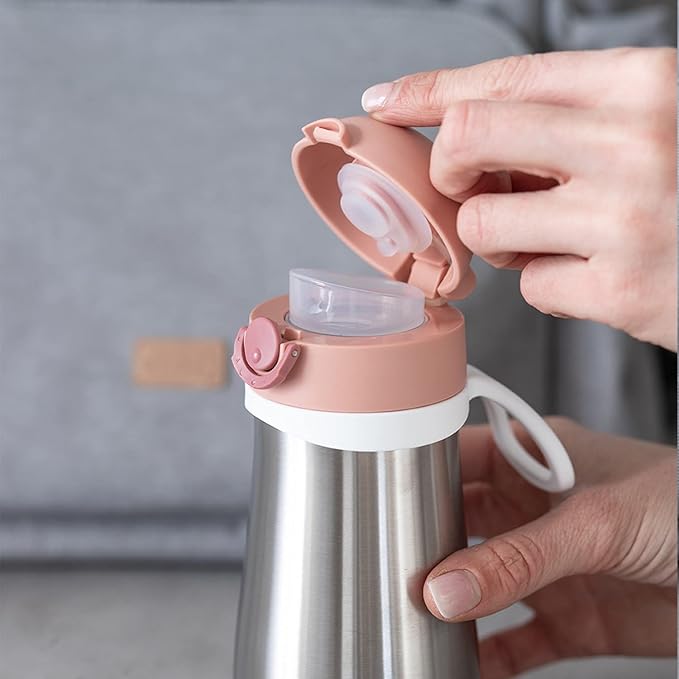 BEABA Kids Stainless Steel Insulated Water Bottle, Kids Water Bottle, Toddler Thermos with Spill Proof Spout and Close Top, Perfect for Travel, (Rose)