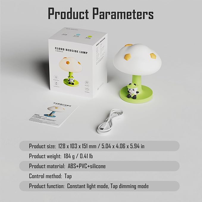 Cloud and Panda Rechargeable Night Light, Safe Soft Silicone Material, 3 Brightness Levels, Tap Control, Warm Light, Toddler Sleeping Lamp, Bedroom Night Lamp, Gift for Baby and Kid (Cloud and Panda)