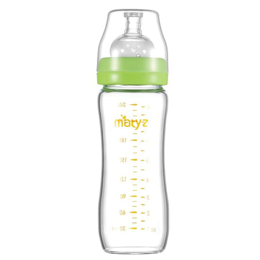 Matyz 8 Ounce Glass Baby Feeding Bottle With Nipple - Light and Slim, Easy to Hold and Clean - Food Grade Borosilicate Glass, Wide Neck for Breastmilk Feeding, No BPA (Green Lids)