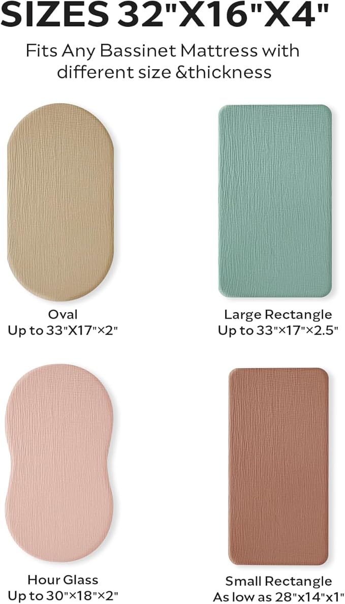 JELLYMONI 2-Pack Muslin Bassinet Sheets for Girls Boys, 100% Cotton Bassinet Mattress Sheets Soft Breathable Universal Fit for Baby Bassinets, Moses Basket, Hourglass Oval and Rectangle Mattress