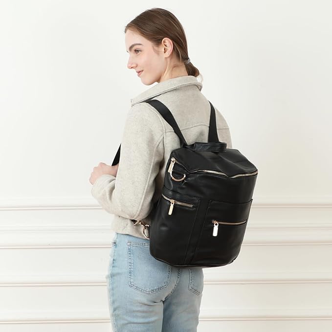 miss fong Diaper Bag Backpack Baby Diaper Bag, Large Leather Diaper Backpack with 16 Pockets Travel Diaper Bag with Diaper Changing Pad, Stroller Straps & 2 Insulated Pockets(Convertible, Black)