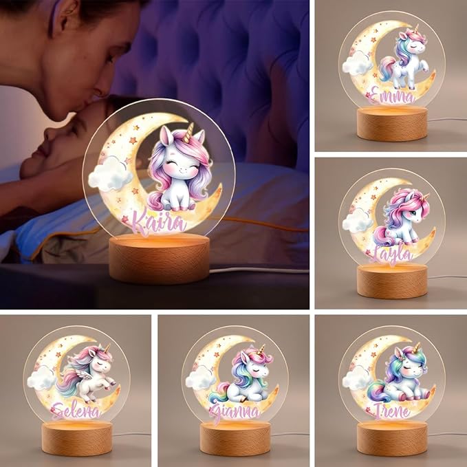 callie Acrylic Night Light Name Plate Personalized, Custom Cute Dreamy Mythical Beast with Wooden Base Bedroom Decor, Birthday Gifts Kid Gifts for Family (Cute Dreamy Mythical Beast)
