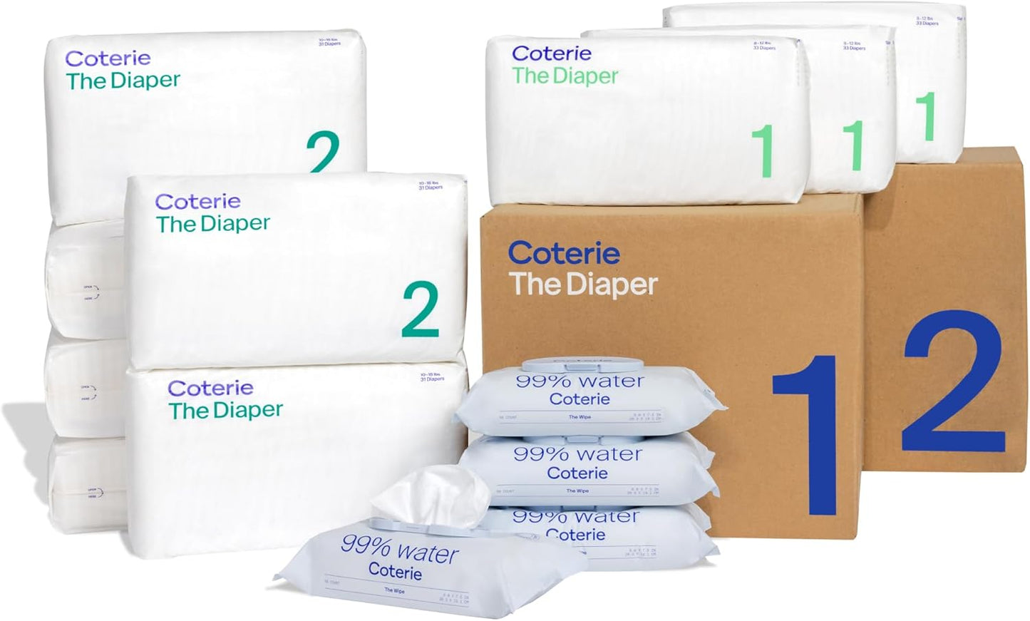 Coterie Baby Wipes + Diapers Kit, Size 1 (99 Count) & Size 2 Diapers (186 Count), 4 Pack (224) Baby Wipes with 99% Water, Plant Based Materials, Hypoallergenic for Sensitive Skin