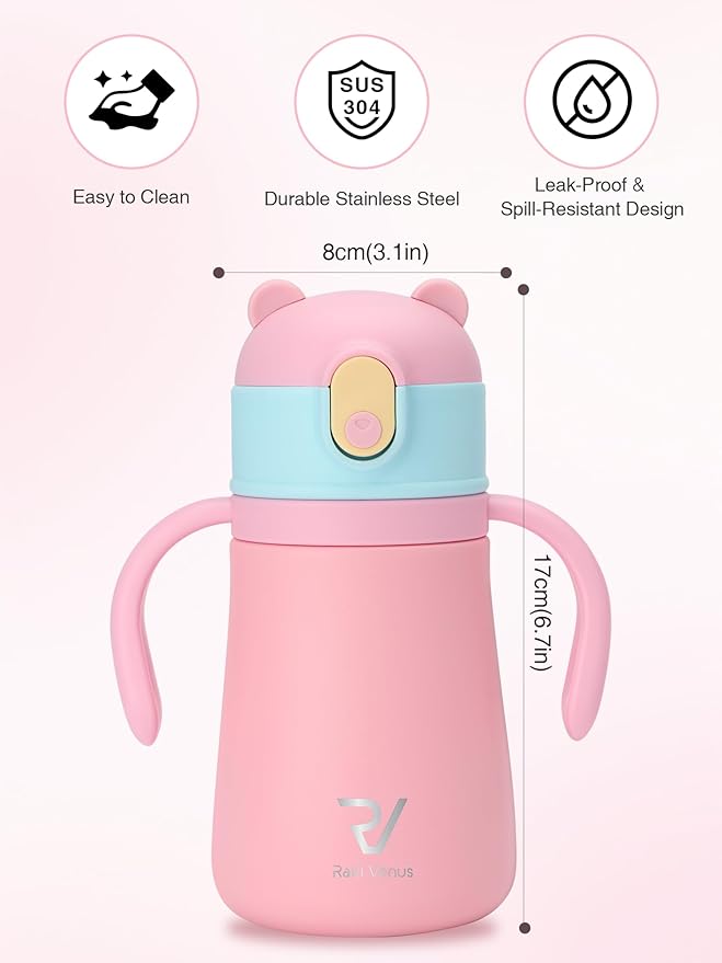 12oz Kids Insulated Water Bottle Double-Wall Vacuum Kids Water Bottle with Hygiene Silicone Straw Blowout-Proof Lid Insulated No BPA Durable Stainless Steel