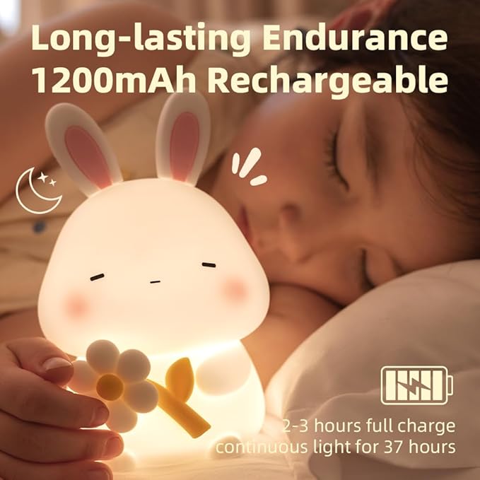 Bunny Night Light for Kids, Cute Rabbit Soft Silicone Lamp, Baby Nursery Nightlight, Touch Dimmable, 1200mah Battery, Kawaii Stuff Home Decor, Christmas Holiday Gift for Girl,Boy,Toddler