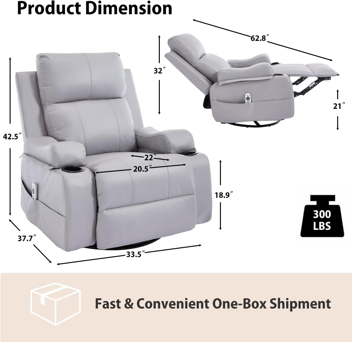 KCQ Electric Massage Swivel Rocker Recliner Chairs with Heat Cup Holders Overstuffed PU Leather Power Rocking Glider Chairs Reclining Lounge Chair for Adults, Grey