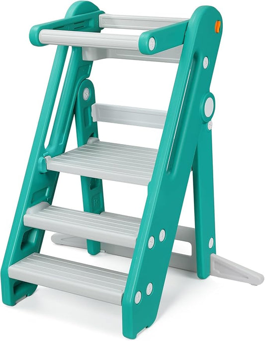 Onasti Toddler Tower Kitchen Stool Helper, Foldable & Adjustable Height Kids Learning Stool for Kitchen Counter Bathroom Sink, Child Ladder for Toddlers with Handles, Safty Rail, Non-Slip Pads - Green