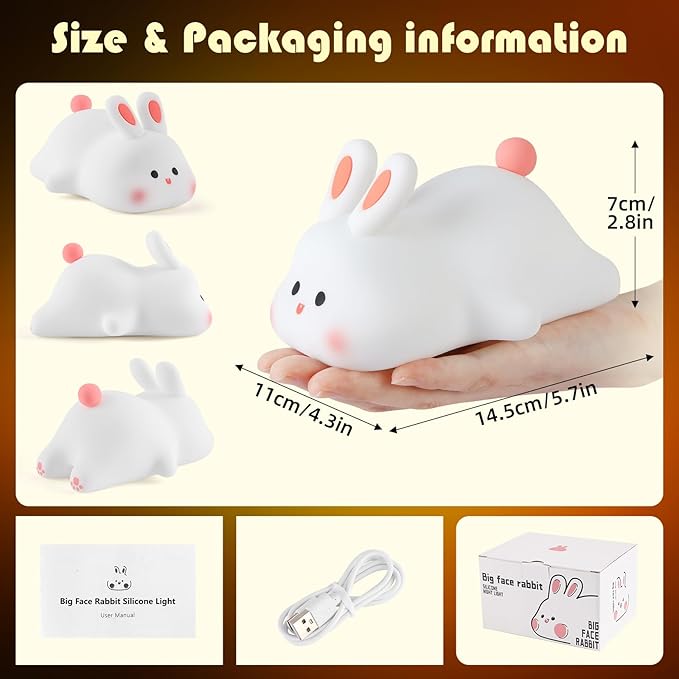 YISUN Bunny Night Light, Cute Silicone Nightlight for Baby Toddler, Rechargeable LED Nursery Lamp with Timer, 3 Level Dimmable Soft Squishy Night Lamp Gift for Bedroom Kids Room Decor