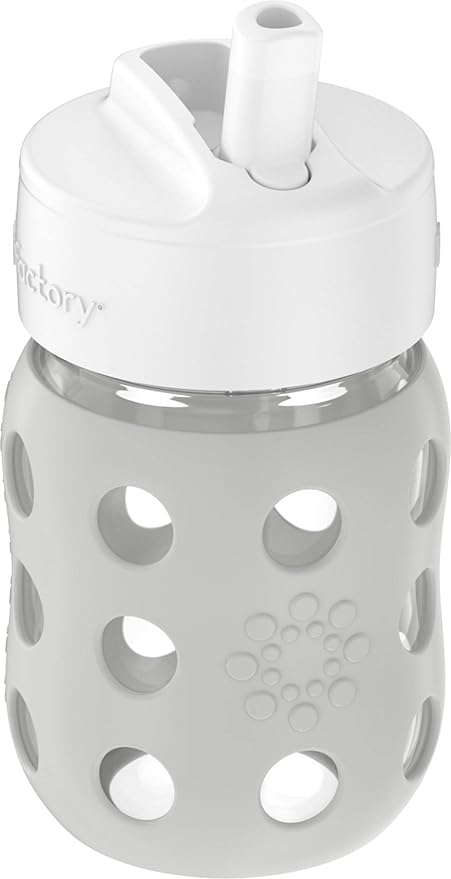 Lifefactory 8-Ounce Wide Neck Glass Baby Bottle with Protective Silicone Sleeve and Pivot Straw Cap, Stone Gray (LG2241WCG4)