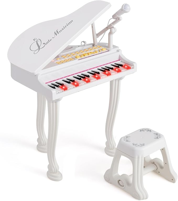 HONEY JOY Classical Kids Piano, 37-Key Toy Mini Grand Piano with Music Stand & Stool, Portable Electronic Educational Musical Instrument Toy w/ Microphone, Lights, Gift for Kids (White, 37 Keys)