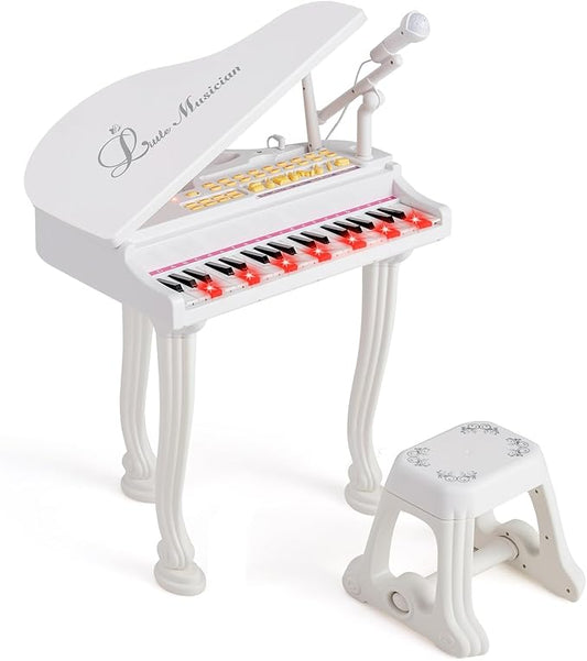 HONEY JOY Classical Kids Piano, 37-Key Toy Mini Grand Piano with Music Stand & Stool, Portable Electronic Educational Musical Instrument Toy w/ Microphone, Lights, Gift for Kids (White, 37 Keys)