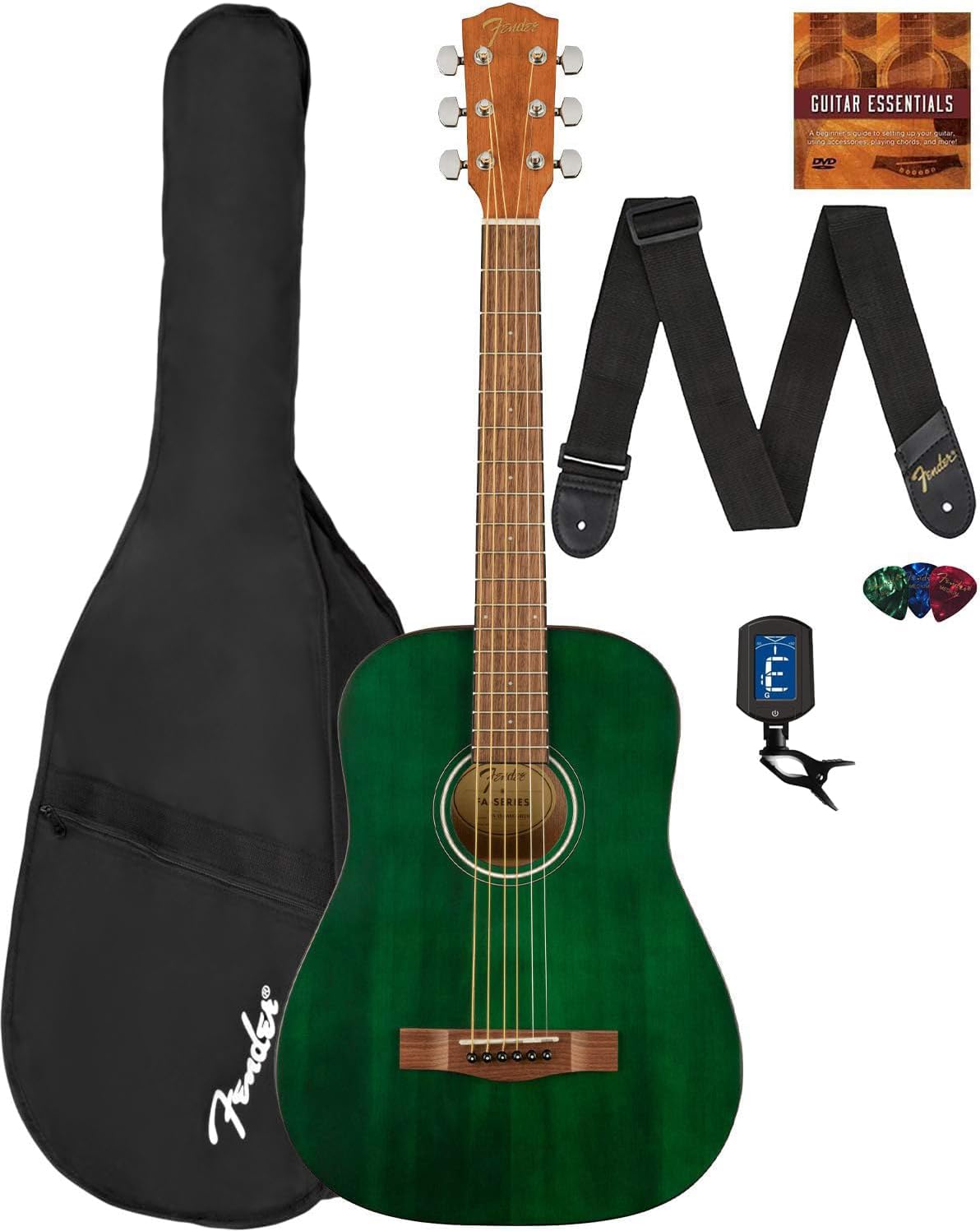 Fender FA-15 3/4-Scale Kids Steel String Acoustic Guitar - Green Learn-to-Play Bundle with Gig Bag, Tuner, Strap, Picks, Fender Play Online Lessons, and Austin Bazaar Instructional DVD