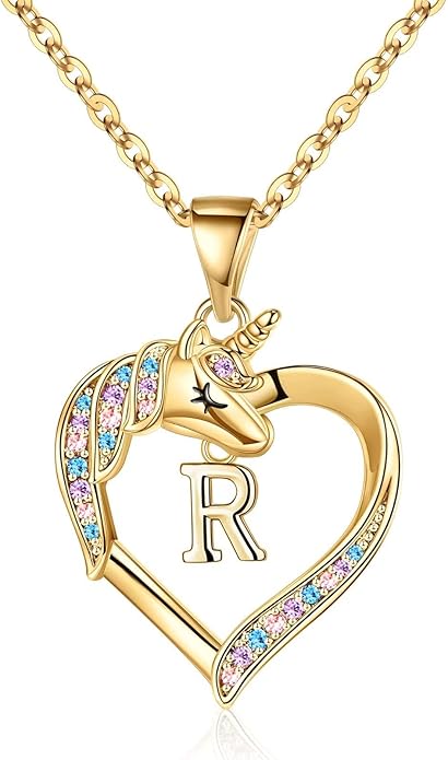 Hidepoo Unicorn Necklace Gifts for Girls - 14K-Gold-Plated Colorful CZ Heart Necklace Girls Jewelry Initial Unicorn Necklaces for Girl Birthday Gifts
