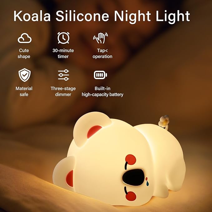 Koala Night Light for Kids Nursery - Cute Silicone Animal Baby Light with 3-Level Dimmable LED, Portable Toddler Sleep Lamp for Bedroom, Breastfeeding, Kids Room, Funny Xmas Birthday Gifts