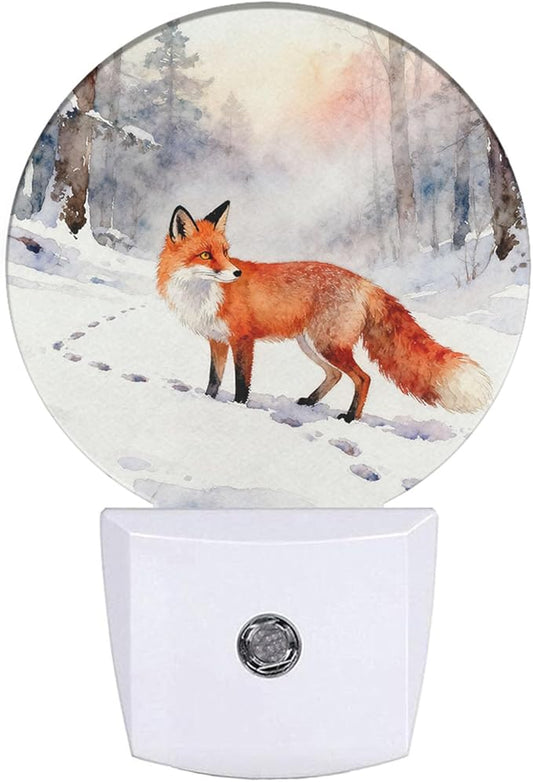 Winter Woods Landscape Night Light Fox in The Snow Dusk to Dawn Plug-in Nightlight Auto Sensor for Bedroom Bathroom Hallway Living Room