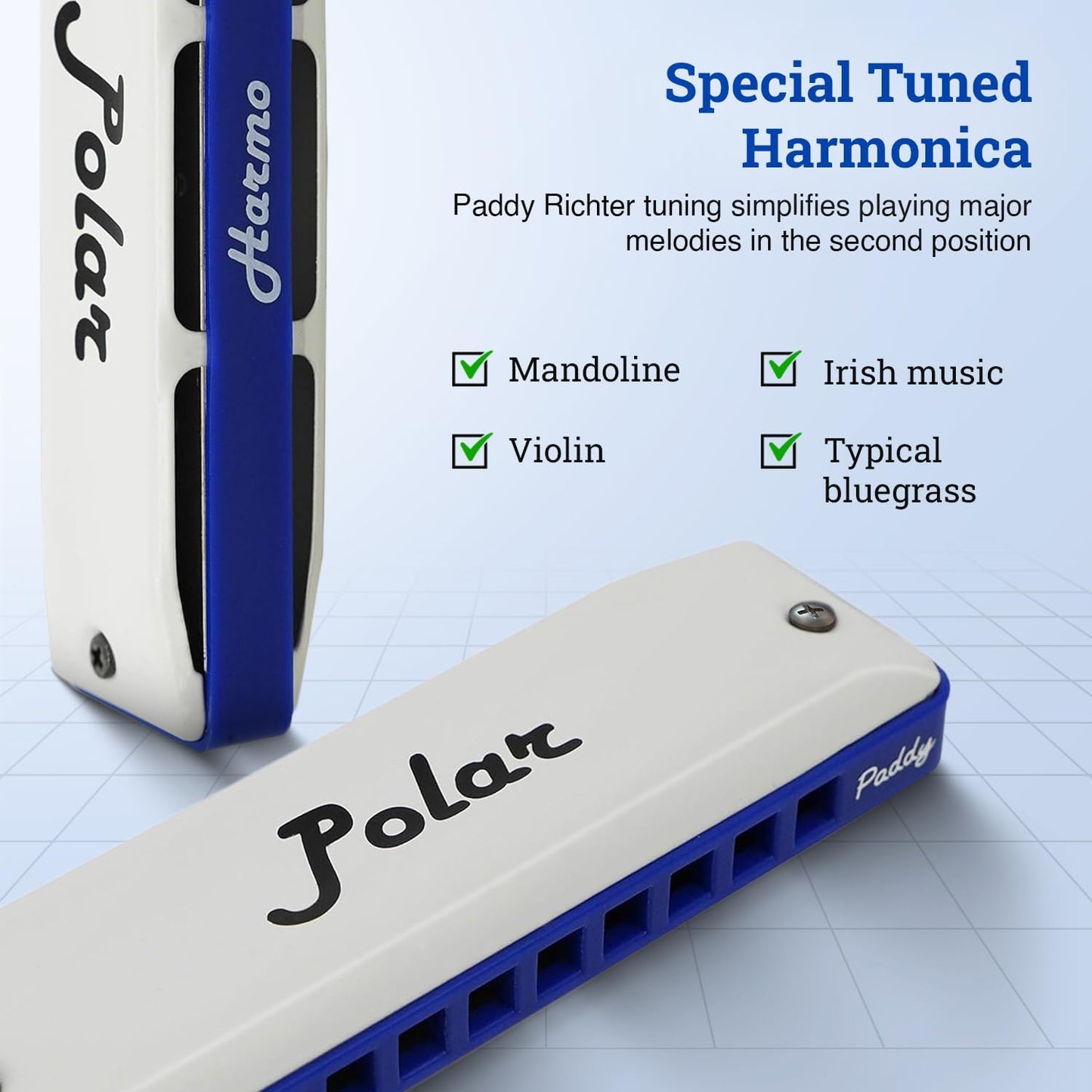 Harmo Polar Diatonic Harmonica Key of D, Paddy Richter Tuning - Specialized for Irish, Bluegrass, Celtic, and Folk Music, Mouth Organ With Case, Harmonica for Kids, Adults, Beginners & Professionals