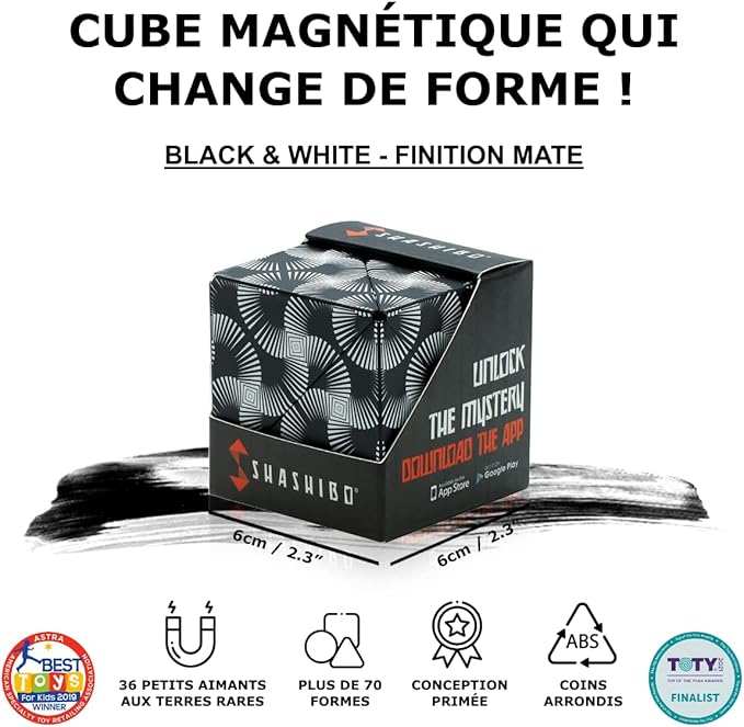 Shashibo Shape Shifting Box - Award-Winning Fidget Toy w/ 36 Rare Earth Magnets - Fidget Cube Transforms Into Over 70 Shapes, Sensory Toy Gift for Kids, Teens, and Adults (Black & White)
