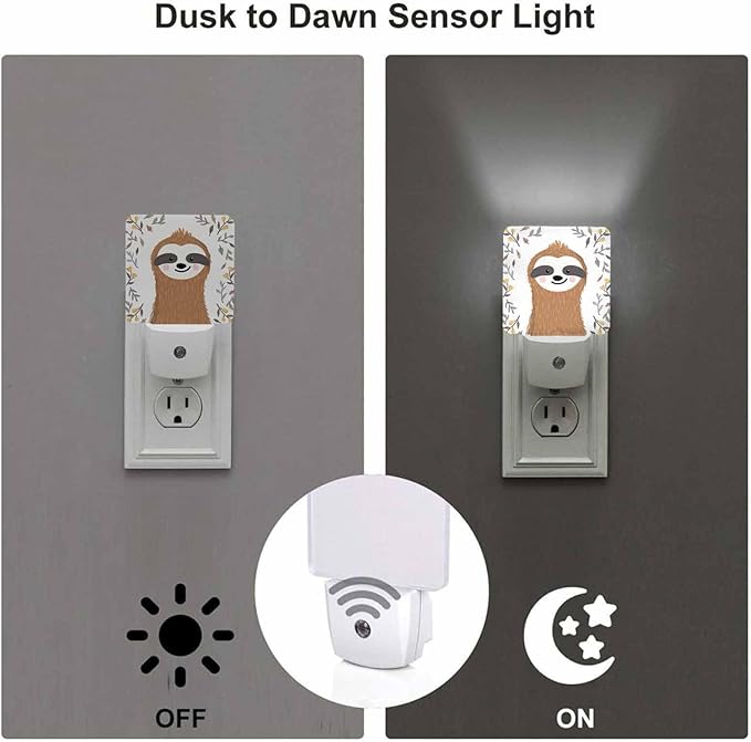 LED Night Light,Cute Baby Sloth Flower Leaf LED Night Light Plug into Wall with Dusk to Dawn Light Sensor White Energy Efficient Nightlight for Bedroom Bathroom Hallway Living Room Kitchen