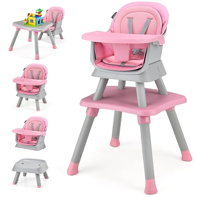 KOTEK Baby High Chair, 8 in 1 Convertible Highchairs for Babies and Toddlers, Building Block Table, Booster Seat, Toddler Chair with Removable Tray, Safety Harness, Dual Cushions (Pink)