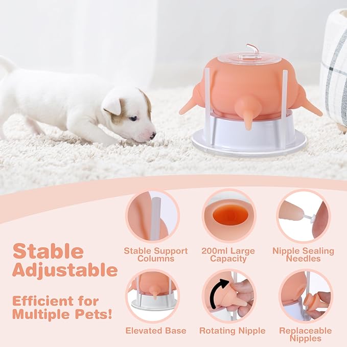 Nursing Nipple Puppy Feeders for Multiple Puppies, 200ml Food-Grade Silicone with 4 Adjustable Detachable Nipples, Smooth Flow Nipple for Kitten Bottle Feeding Kit(Pink)