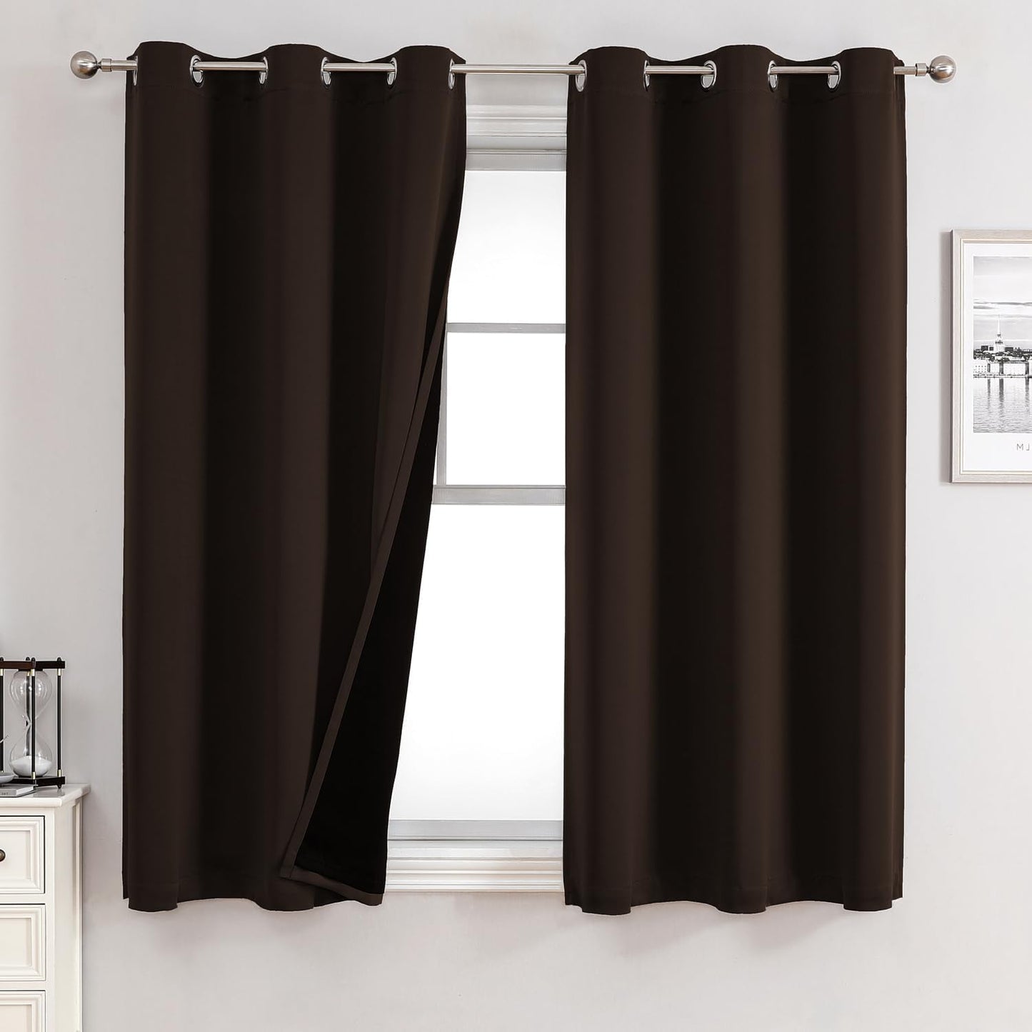 ChrisDowa 100% Blackout Curtains for Bedroom with Black Liner, 2 Thick Layers Total Blackout Thermal Insulated Grommet Window Curtains 2 Panels Set (Brown, 42 x 63 Inch)