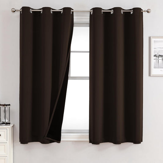 ChrisDowa 100% Blackout Curtains for Bedroom with Black Liner, 2 Thick Layers Total Blackout Thermal Insulated Grommet Small Window Curtains 2 Panels Set (Brown, 42 x 54 Inch)