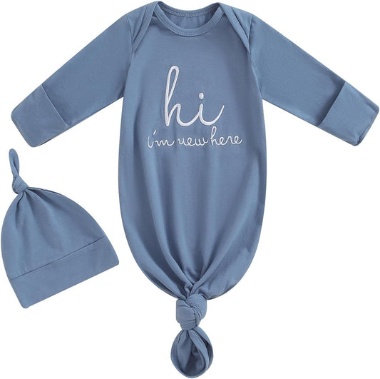 Newborn Boy Girl Coming Home Outfit Baby Infant Sleeper Gown Nightgown Outfits Cute Fall Winter Pajamas and Hat