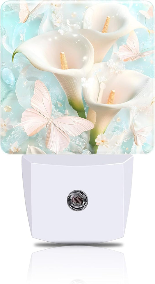 Calla Lilies and Butterflies Night Light, Plug-in Nightlight with Dusk to Dawn Auto Sensor for Home Bedroom Hallway Kitchen 0.5W Sleep Friendly Led Lamp for Women Men