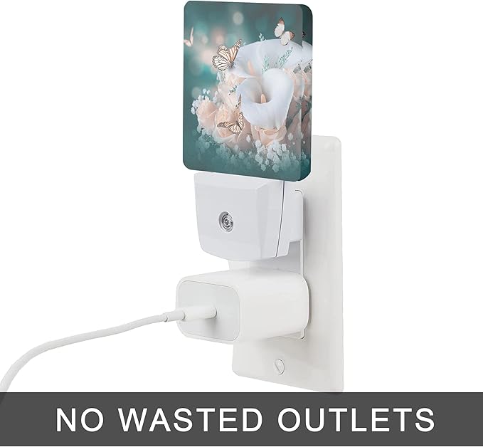 Yellow Roses and Butterfly Night Light,Flower Butterflies Spring Night Lights Plug into Wall Dusk to Dawn Sensor Led Lamp for Women Men for Stairway/Hallway/Bedroom,0.5W