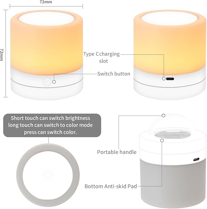 Nursery Night Light for Kids, USB Rechargeable Small Desk Lamp,13 RGB Colors & 4 Brightness & 1 Remote, Touch Bedside Cordless Table Lamp, Portable Night Lamp for Bedroom Living Room (2 Pack White)