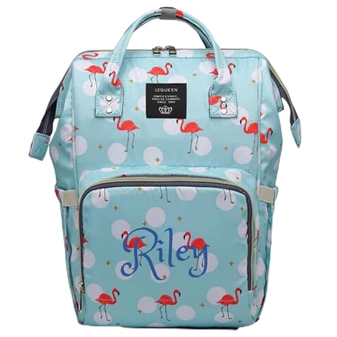 Personalized Large Diaper Bag Knapsack/Tote Bag/Backpack -Custom Monogram Embroidered for Infant/Baby Bag/ (Turquoise Flamingo)