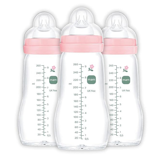 MAM Premium Glass Baby Bottles, Easy Switch Between Breast and Bottle, Feel Good Medium Flow, Newborn Essentials Must Have, 2+ Months, BPA Free, 9oz, Girl, 3 Pack