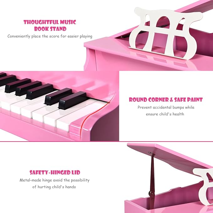 HONEY JOY Classical Kids Piano, 30-Key Mini Grand Piano with Music Stand and Bench, Wooden Musical Instrument Toy w/Lid & Music Rack, Gift for Boys Girls Ages 3+ (Pink)