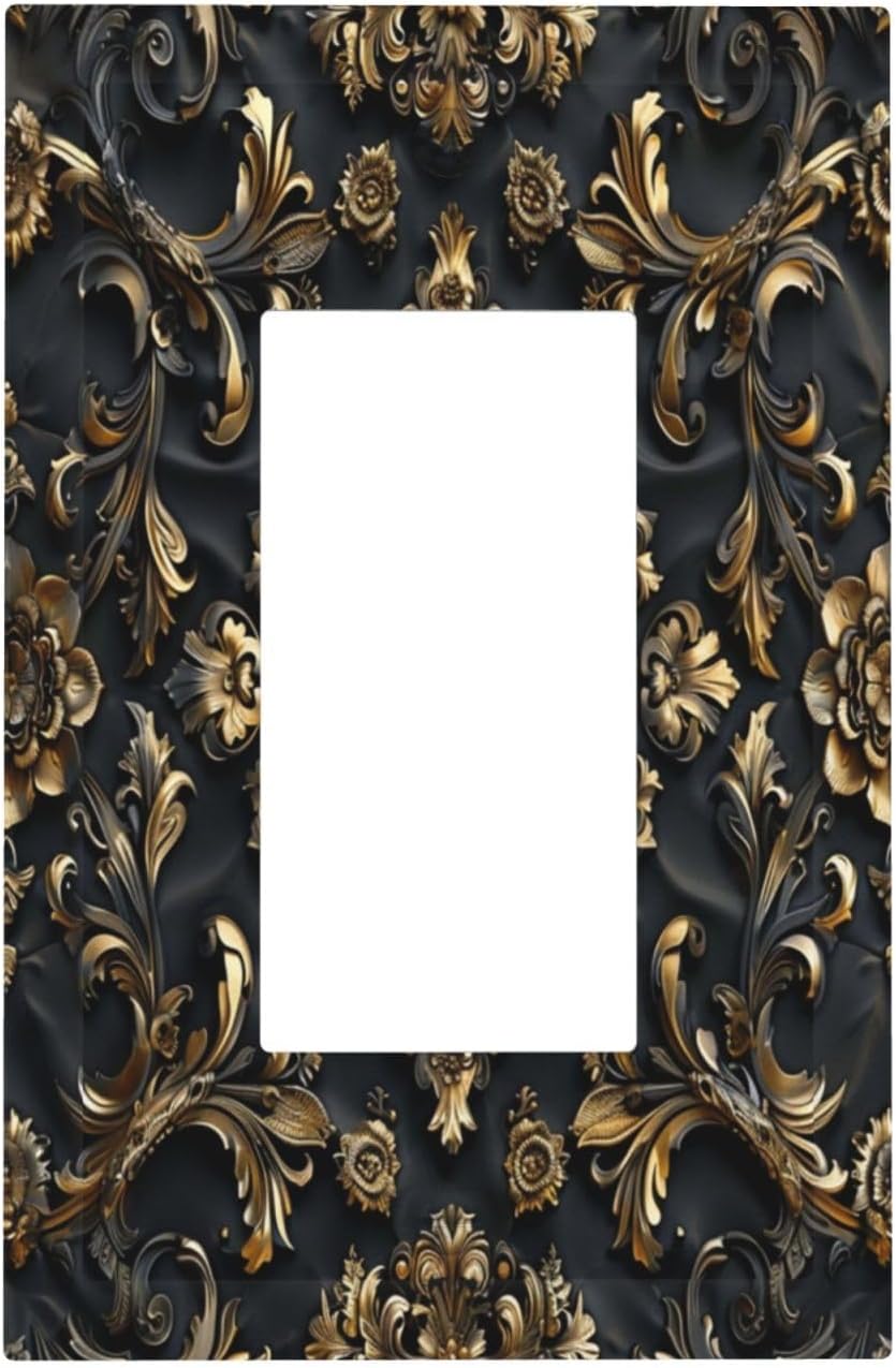 Decorative Outlet Covers Rococo Vintage Black Golden Leaf Morris Vine 1 Gang Single Decora GFCI Device Light Switch Covers Plate 1 Rocker Wall Plate Jumbo Faceplate for Bedroom Decor