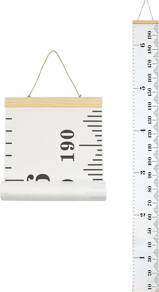 Kids Growth Chart, Wood Frame Fabric Canvas Height Measurement Ruler from Baby to Adult for Child's Room Decoration 7.9 x 79in (7.9 x 79in, White & Black)