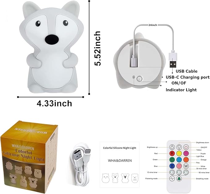 WHA&DARREN Fox Night Light for Kids, Portable, Baby Lights, Rechargeable Silicone Baby Night Light, Girls and Boys Animal Lamp, Kawaii Lamp