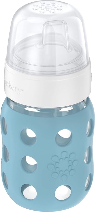 Lifefactory 8-Ounce Wide Neck Glass Baby Bottle with Protective Silicone Sleeve and Sippy Spout, Denim (LG2251WDE4)