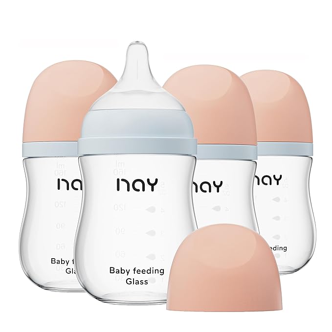 Natural Glass Baby Bottle Wide Neck, Anti-Colic Baby Bottle, Clear, 5.4oz(Pack of 4), Includes 4Pcs Natural Response Nipple(S), 1 Months+
