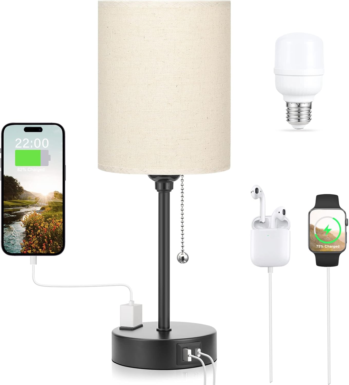 Beige Small Lamps 3 Levels Brightness - 2700K 3500K 5000K Bedside Lamps with USB C and A Ports, Pull Chain Table Lamps with AC Outlet, Nightstand Lamps with Black Metal Base for Bedroom Kids Reading