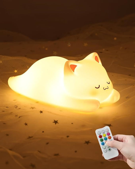 ZKLiLi Night Light for Kids Cute Cat Lamp,16 Colors+Tap+Remote+Silicone Kids Night Light,USB Remote Rechargeable Cat Night Lights for Room Decoration, Girls