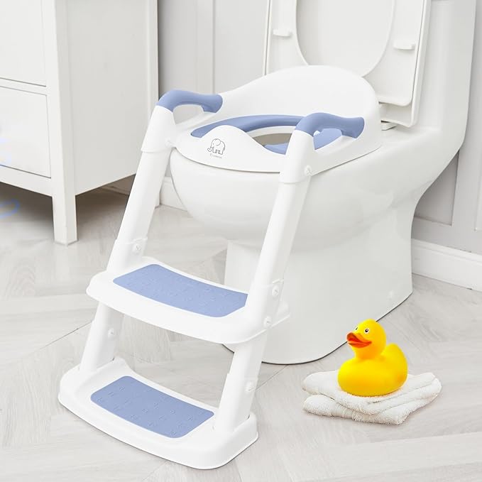 Forbena Blue Toddler Boys Toilet Potty Training Seat with Step Stool Ladder, Baby Child Kids Adjustable Height Sturdy Potty Seat with Soft Cushion and Comfortable Handles (White and Blue)