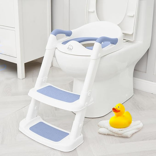 Forbena Blue Toddler Boys Toilet Potty Training Seat with Step Stool Ladder, Baby Child Kids Adjustable Height Sturdy Potty Seat with Soft Cushion and Comfortable Handles (White and Blue)