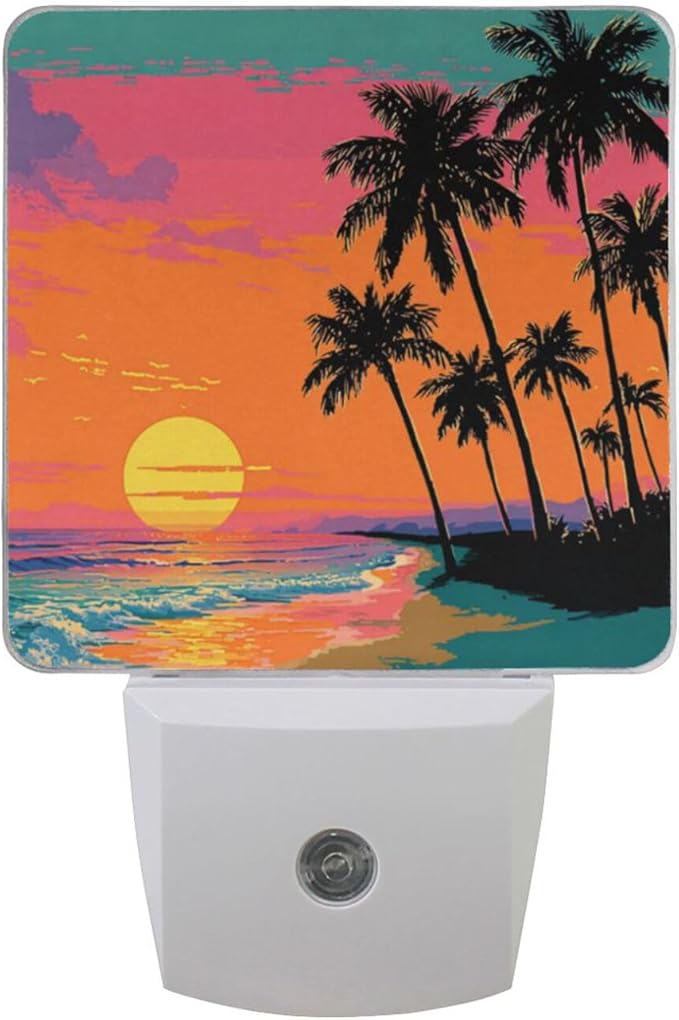 Aslsiy Night Light for Kids Palm Tree Beach Sunset (4) Plug in Wall Lamp LED Dusk to Dawn Sensor Energy Saving Nightlight for Boys Girls Men Women