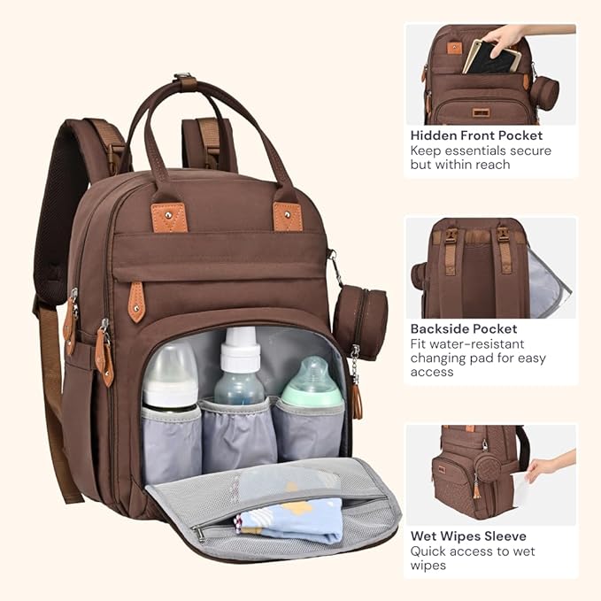 BabbleRoo Diaper Bag Backpack - Baby Essentials Travel Tote - Multi Function Water Resistant Diaper Bag, Travel Essentials Baby Bag with Changing Pad, Stroller Straps & Pacifier Case - Unisex, Brown
