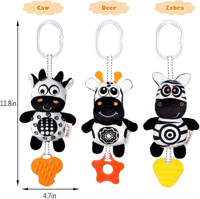 KAKIBLIN Baby Hanging Toy,3 Pack Black and White Sensory Toys for for 0 3 6 9 to 12 Months, High Contrast Soft Hanging Crinkle Squeaky Learning Toy with Teether for Boys Girls (21CM, Zebra,Deer&Cow)