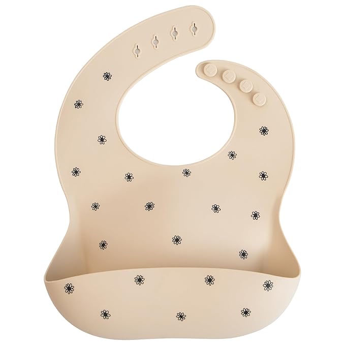 mushie Silicone Baby Bib | Adjustable Fit Waterproof Bibs (Black Daisy)