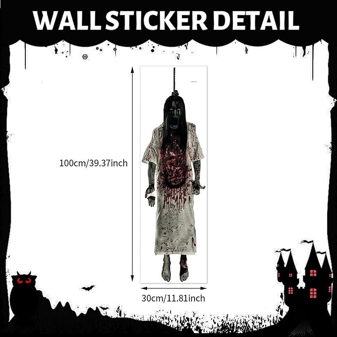 2 Sheets Halloween Window Clings Spooky Double-Sided Hang Bloody Female Ghost & Skeleton Designs Window Decals Decor for Halloween Home Office Party Glass Decoration Supplies