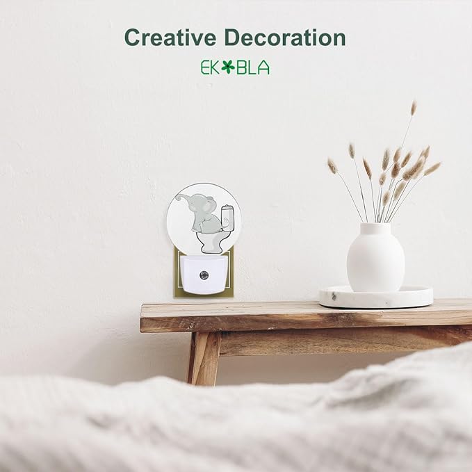 EKOBLA Cute Elephant Night Light African Safari Animal Elephant Sitting on Toilet Night Lights Plug into Wall for Girls Boys Bedroom Bathroom Led Decorative Nightlight Home Decor